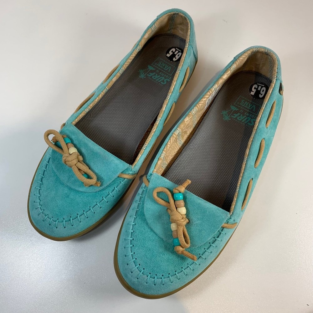 Vans Surf Siders shoes women's 6.5 Aqua Leather Beaded bow moccasin boat loafers